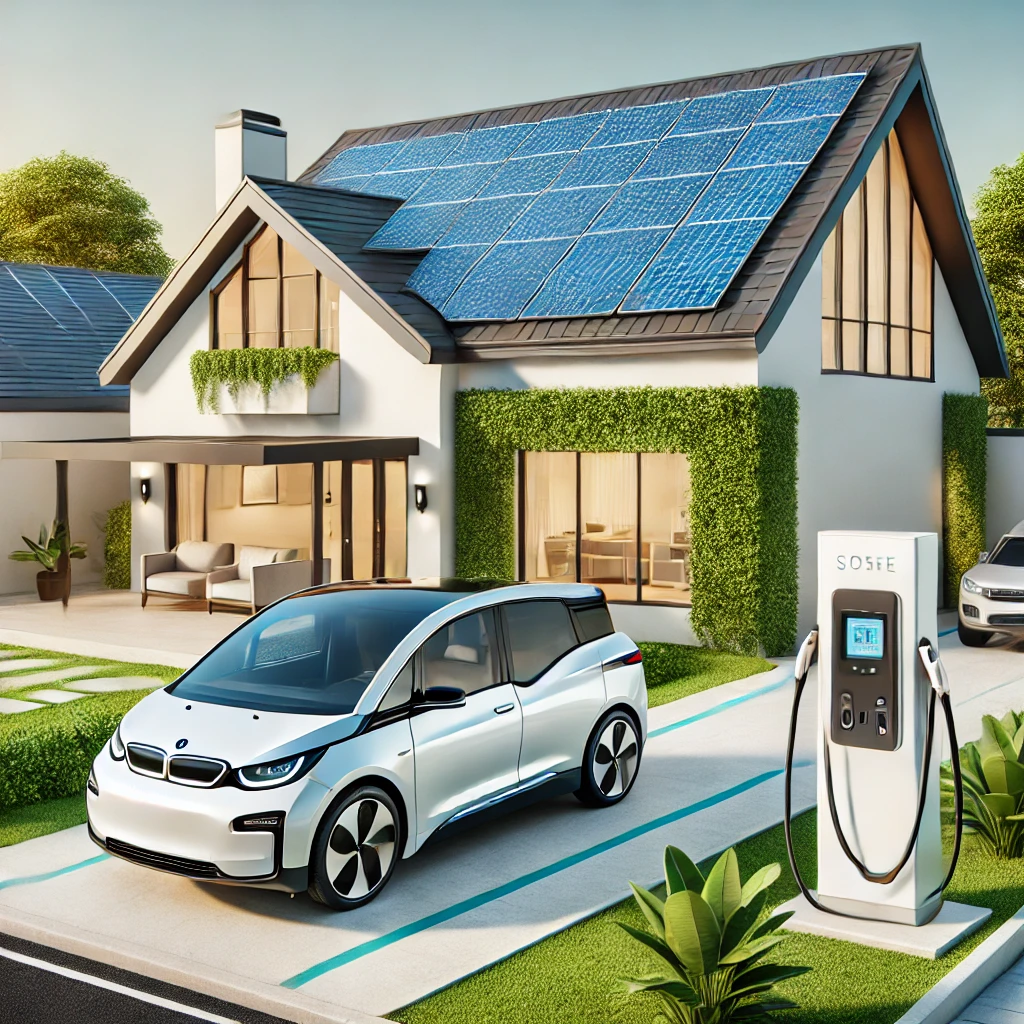 DALL·E 2024-10-28 16.33.30 - A modern home with solar panels on the roof and an electric vehicle charging in the driveway, connected to a home charging station powered by solar en