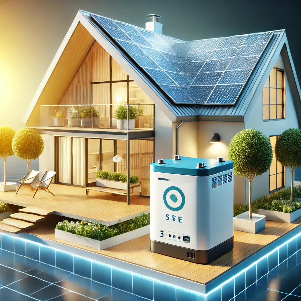 DALL·E 2024-11-01 16.57.30 - A visually appealing image showing a modern home with rooftop solar panels and a nearby battery storage unit. The scene emphasizes self-sufficiency, w