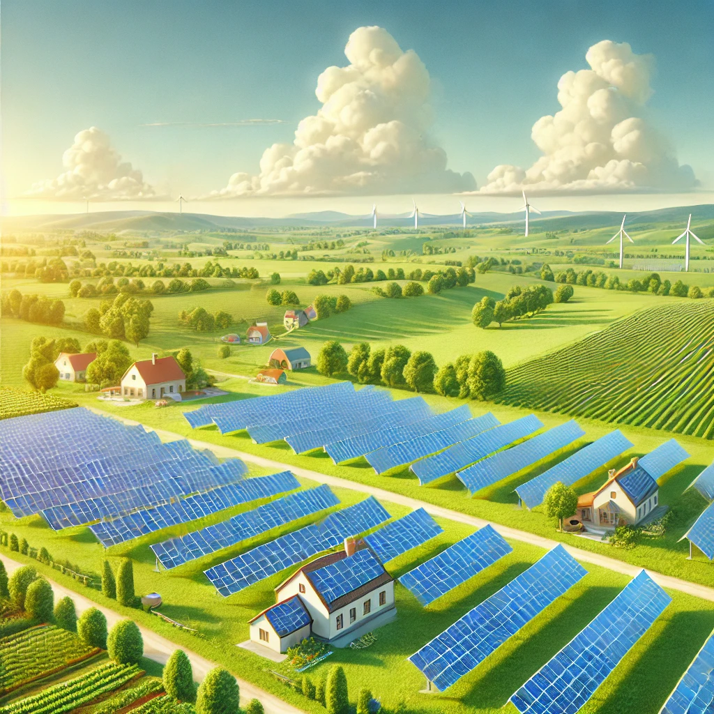 DALL·E 2024-11-14 15.18.38 - A scenic image of a solar farm on a large field with rows of solar panels under a bright, clear sky. In the background, a few small buildings represen