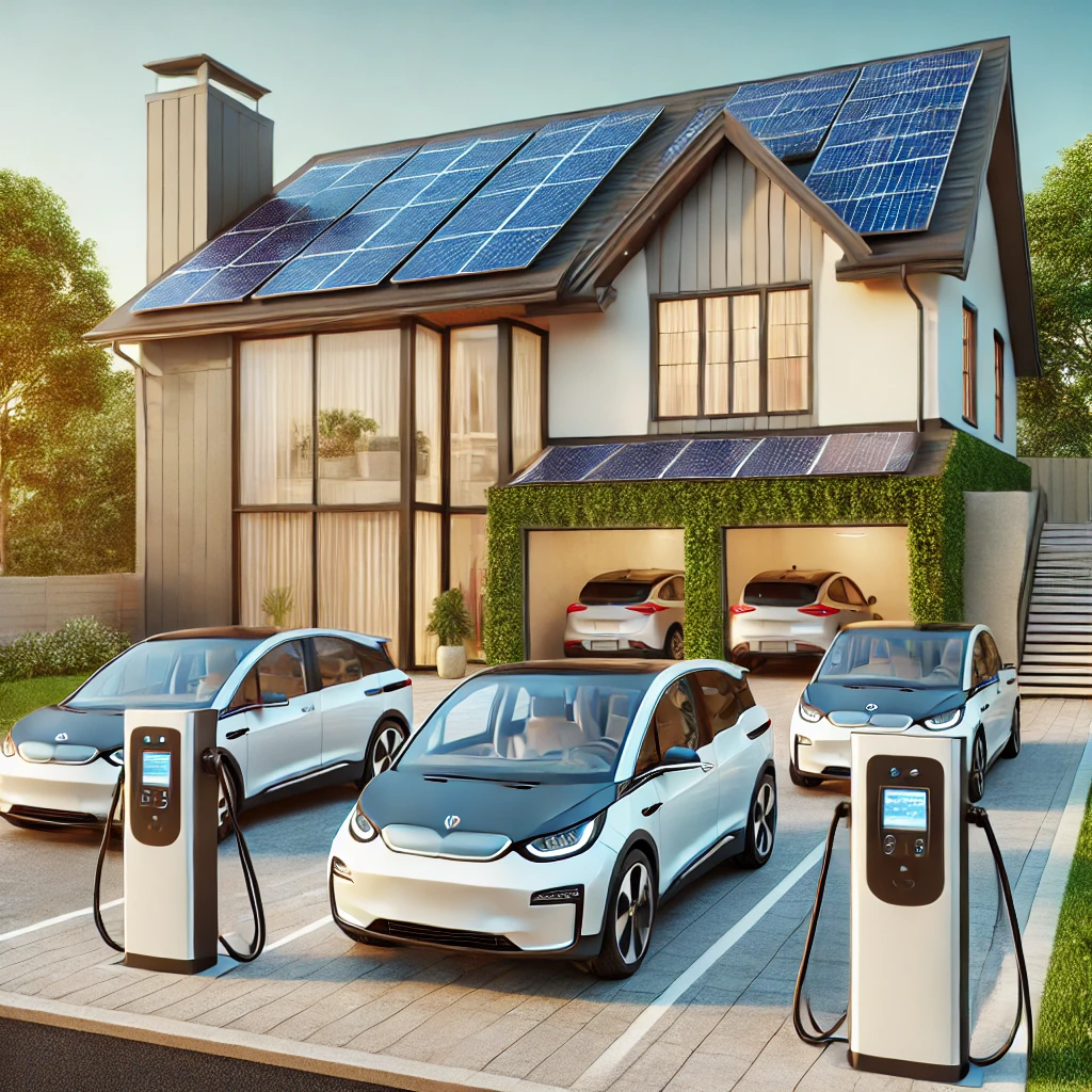 DALL·E 2024-11-22 13.52.12 - A modern home with multiple electric vehicles being charged in the driveway using EV chargers. The house features a solar panel system on the roof and