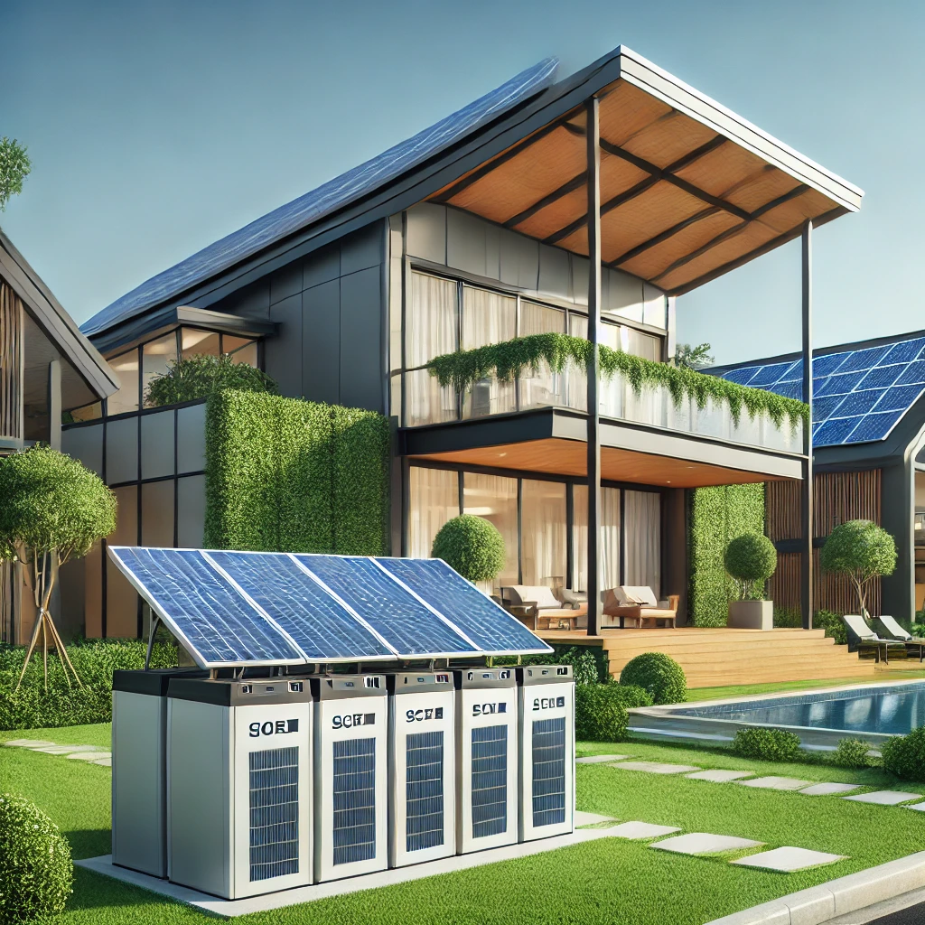 DALL·E 2024-12-16 15.36.29 - A modern home equipped with sleek solar panels and a large solar battery storage system, set against a clear sky. The home looks energy-efficient and
