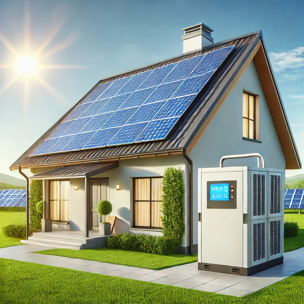 DALL·E 2025-01-31 18.39.10 - A realistic 3D-rendered image of a modern home with solar panels on the roof and a battery storage unit installed on the side. The sun is shining, and